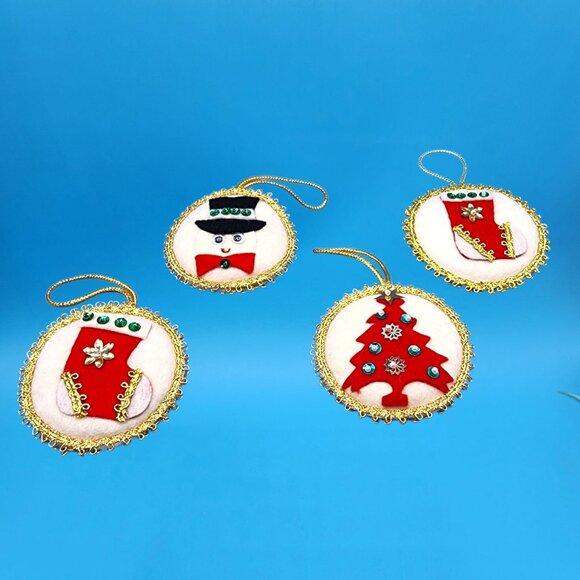 Vintage 1960s Felt Christmas Ornaments Stocking Tree Snowman Sequins Gold Trim - Picture 11 of 12